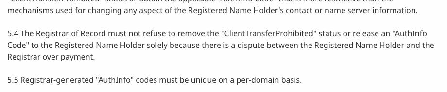 ICANN Transfer PolicyのAuthInfo Code開示拒否制限を示す出典画像