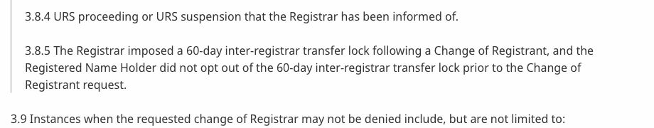 ICANN Transfer Policyの60-day inter-registrar transfer lock条件を示す出典画像