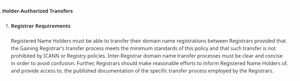ICANN Transfer PolicyのRegistrar Requirements節を示す出典画像