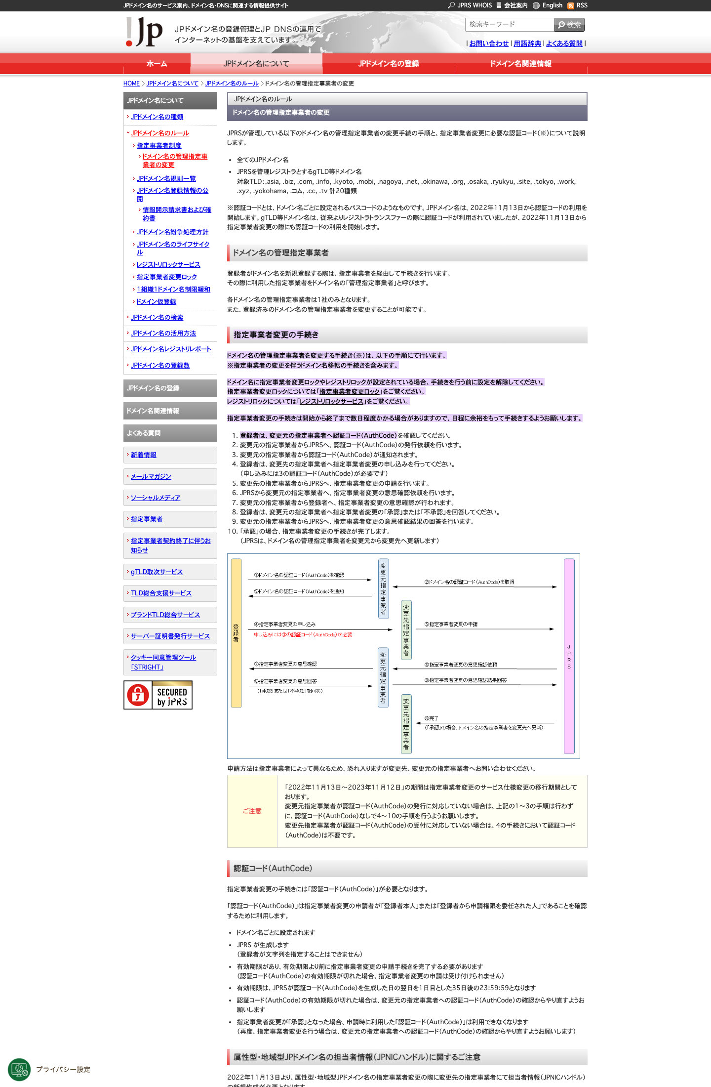 JPRSの「ドメイン名の管理指定事業者の変更」で、AuthCode の必要性と手続きが数日かかる場合があると説明している画面