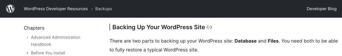 WordPress.org公式資料でバックアップにデータベースとファイルの両方が必要と示す箇所