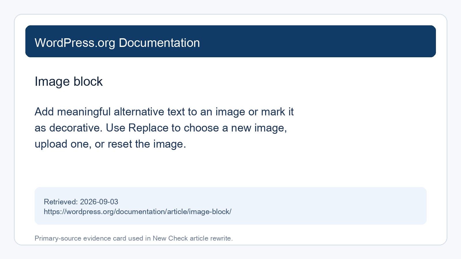 WordPress.org Documentation が、alternative text の設定と Replace による差し替え操作を案内している出典画像
