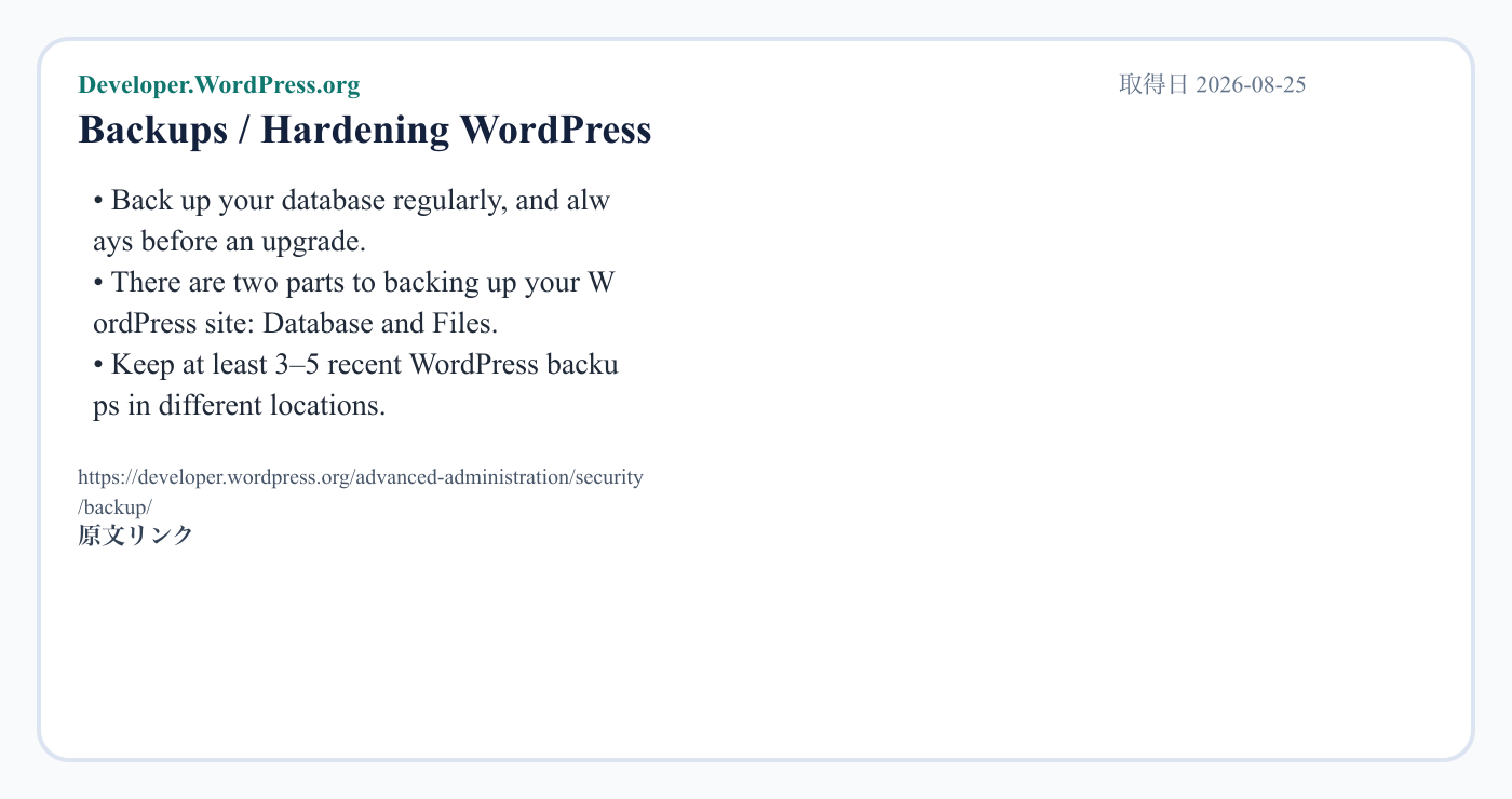 WordPress公式ドキュメントで、アップグレード前バックアップとDatabase・Files両方の保存が必要と示す出典画像