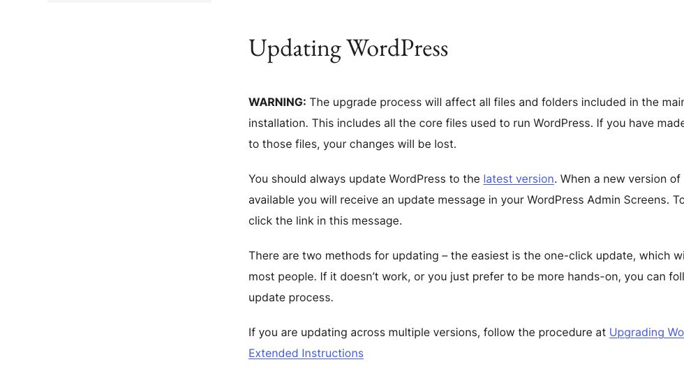 WordPress Documentation で、更新前のバックアップと最新バージョン更新を案内する出典画像