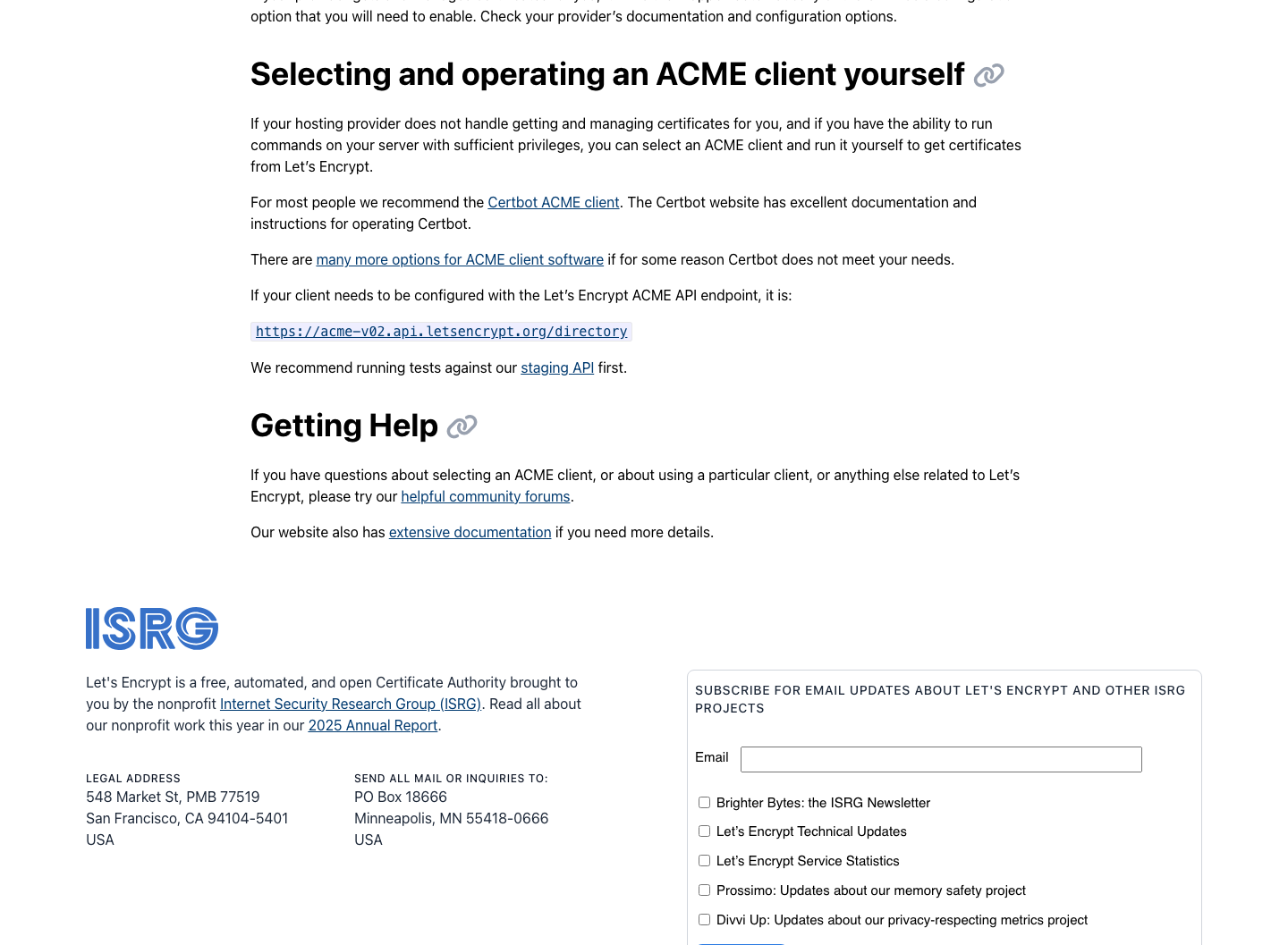 Let’s Encrypt の Getting Started で、free, automated, and open Certificate Authority と示している画面