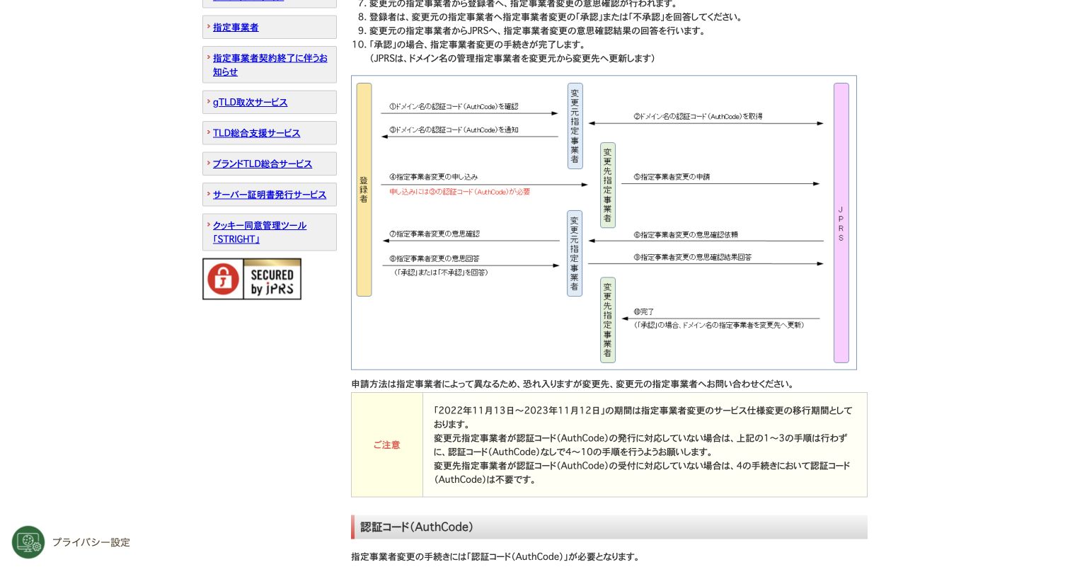 JPRSのドメイン名の管理指定事業者変更ページで、AuthCodeと手続きに数日かかる説明が見える画面