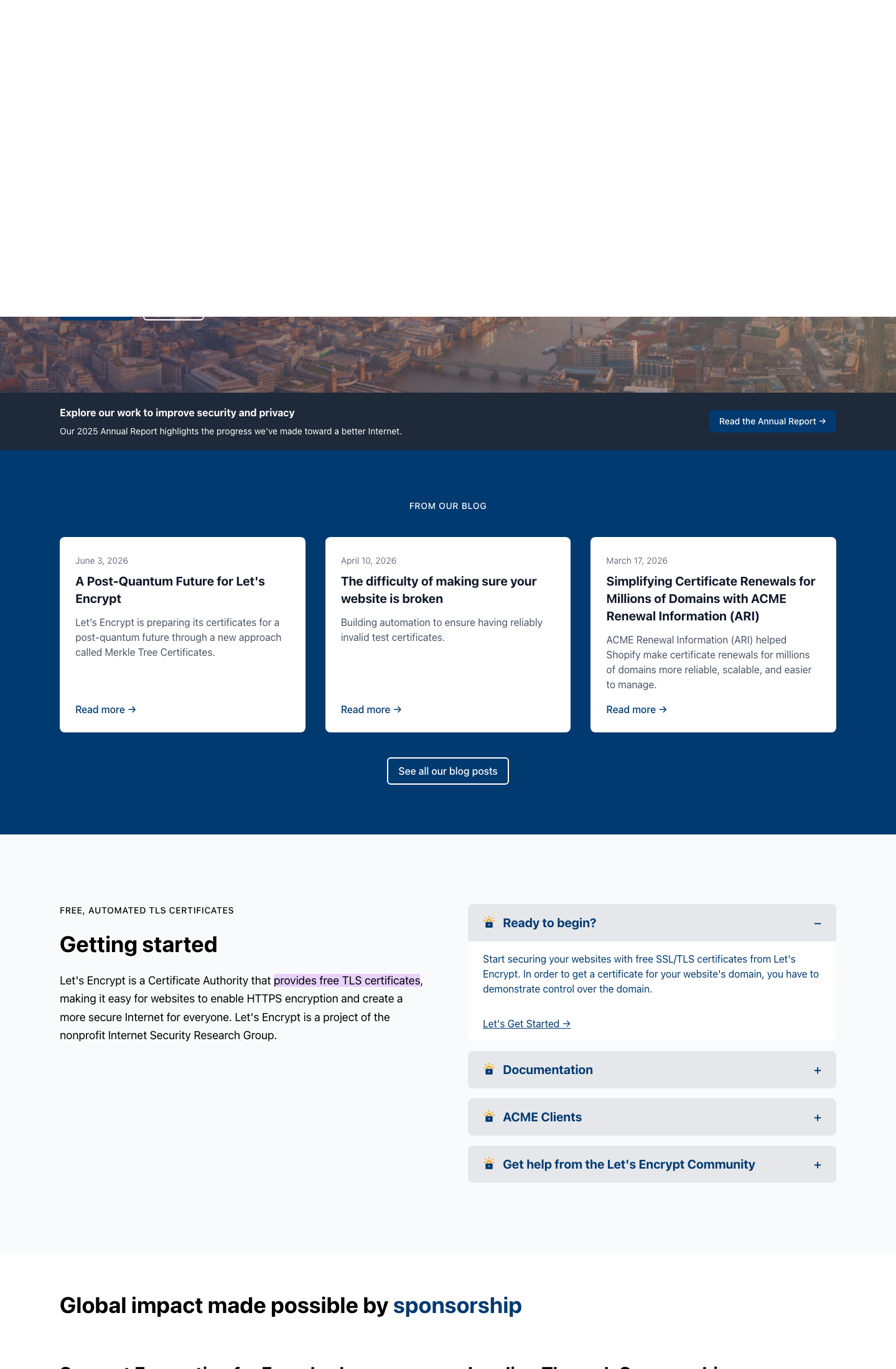Let's Encrypt の Getting started で、free TLS certificates と説明している画面