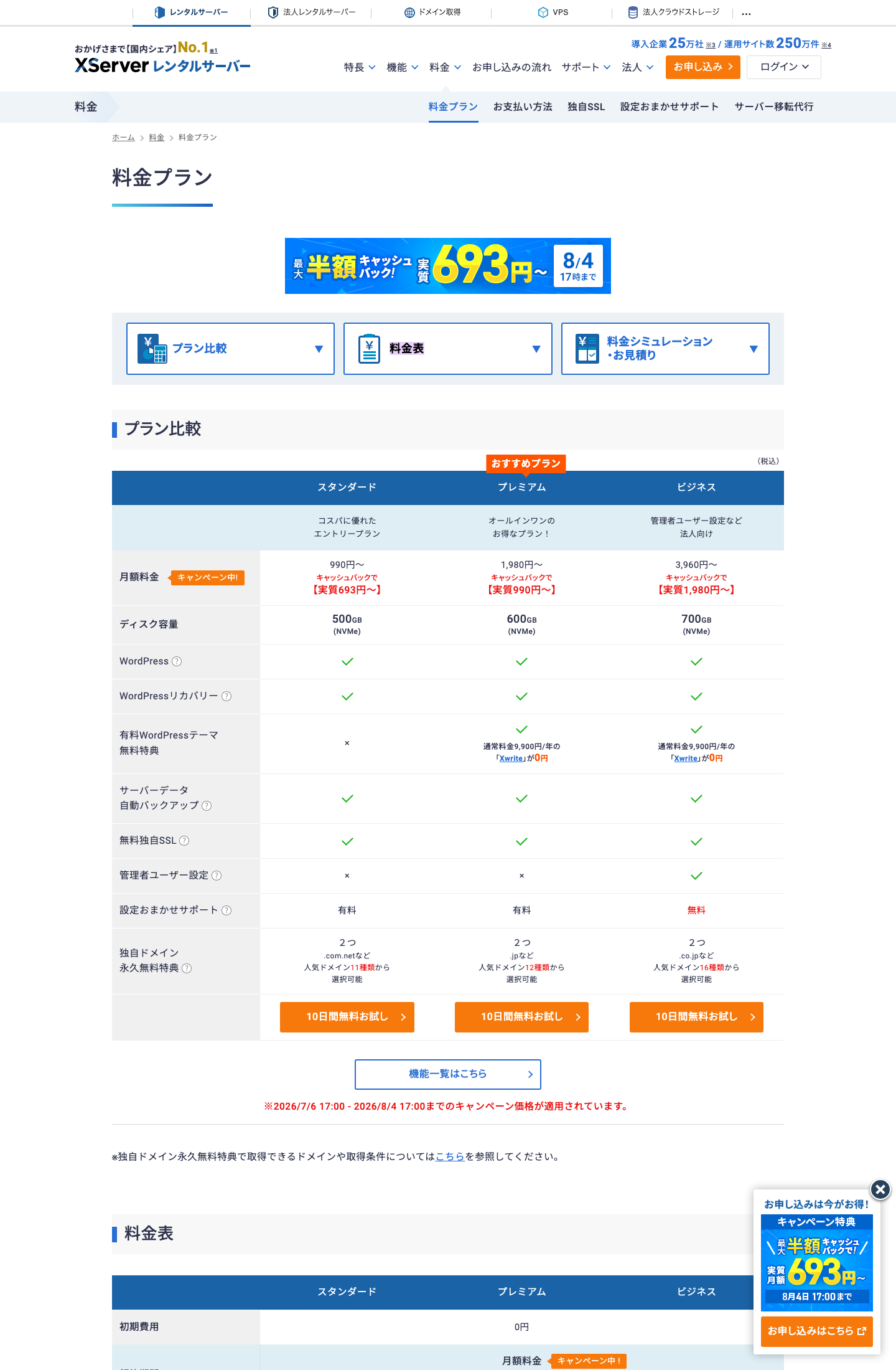 XServerレンタルサーバーの料金プラン比較で、月額料金と無料独自SSL・バックアップ有無が確認できる画面