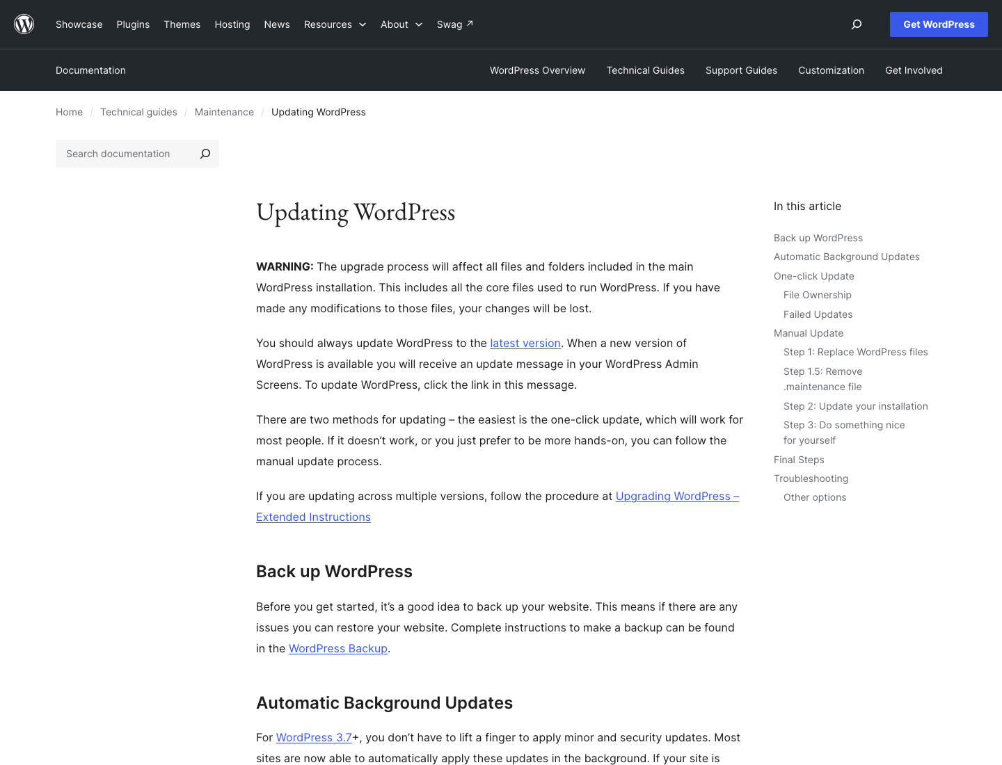 WordPress公式のUpdating WordPressページで更新手順とバックアップの案内が確認できる画面