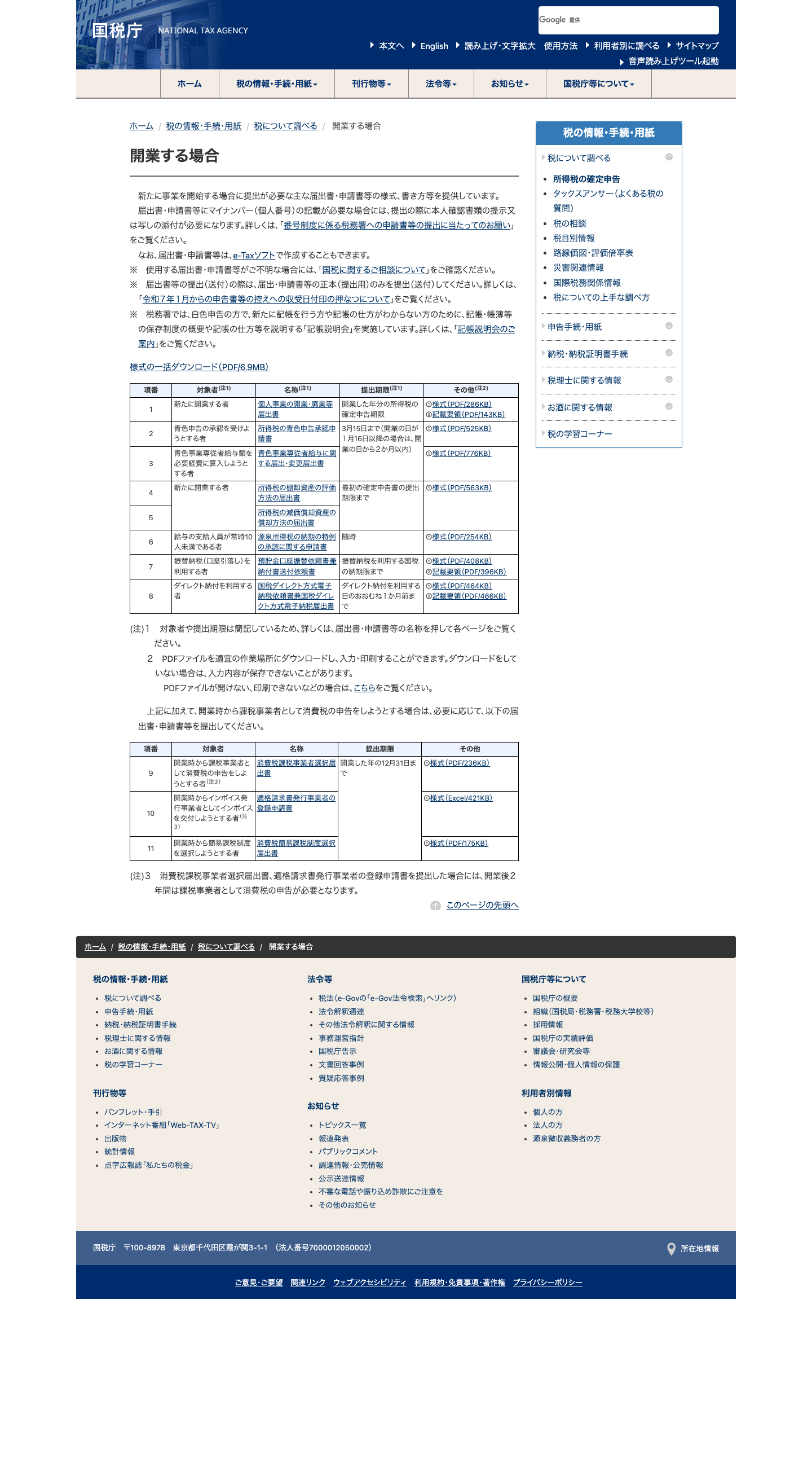 国税庁の開業する場合ページで、開業届の様式と提出期限を示す出典画像