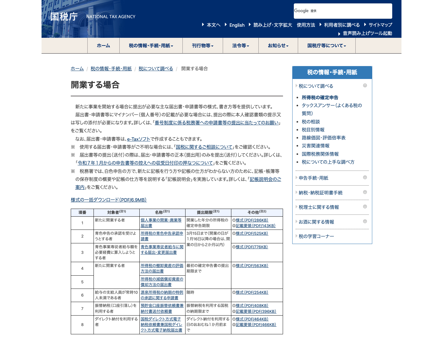 国税庁の開業する場合ページで個人事業の開業・廃業等届出書と提出期限が確認できる画面