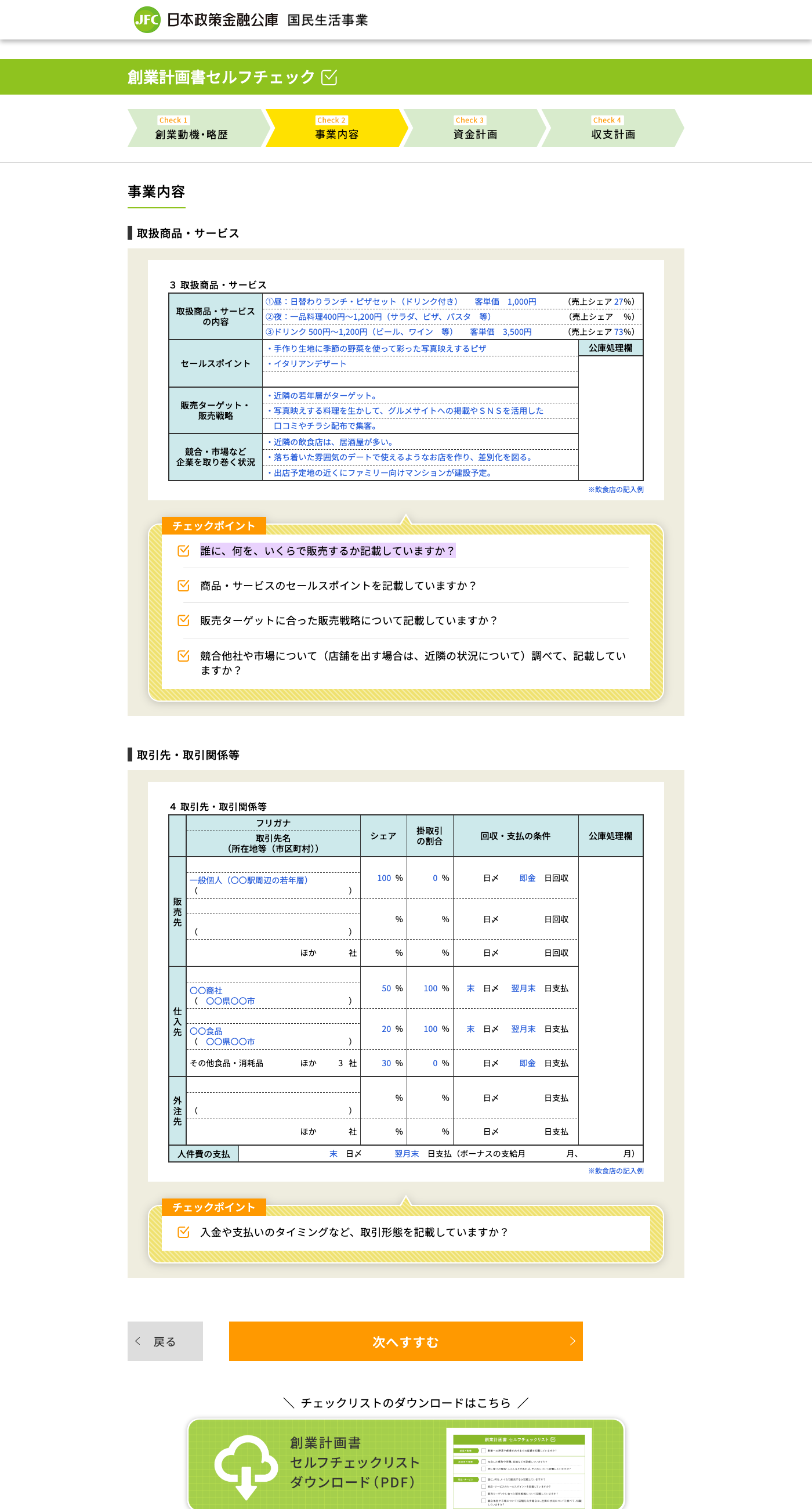 日本政策金融公庫の創業計画書セルフチェックで、誰に何をいくらで販売するかを確認する出典画像