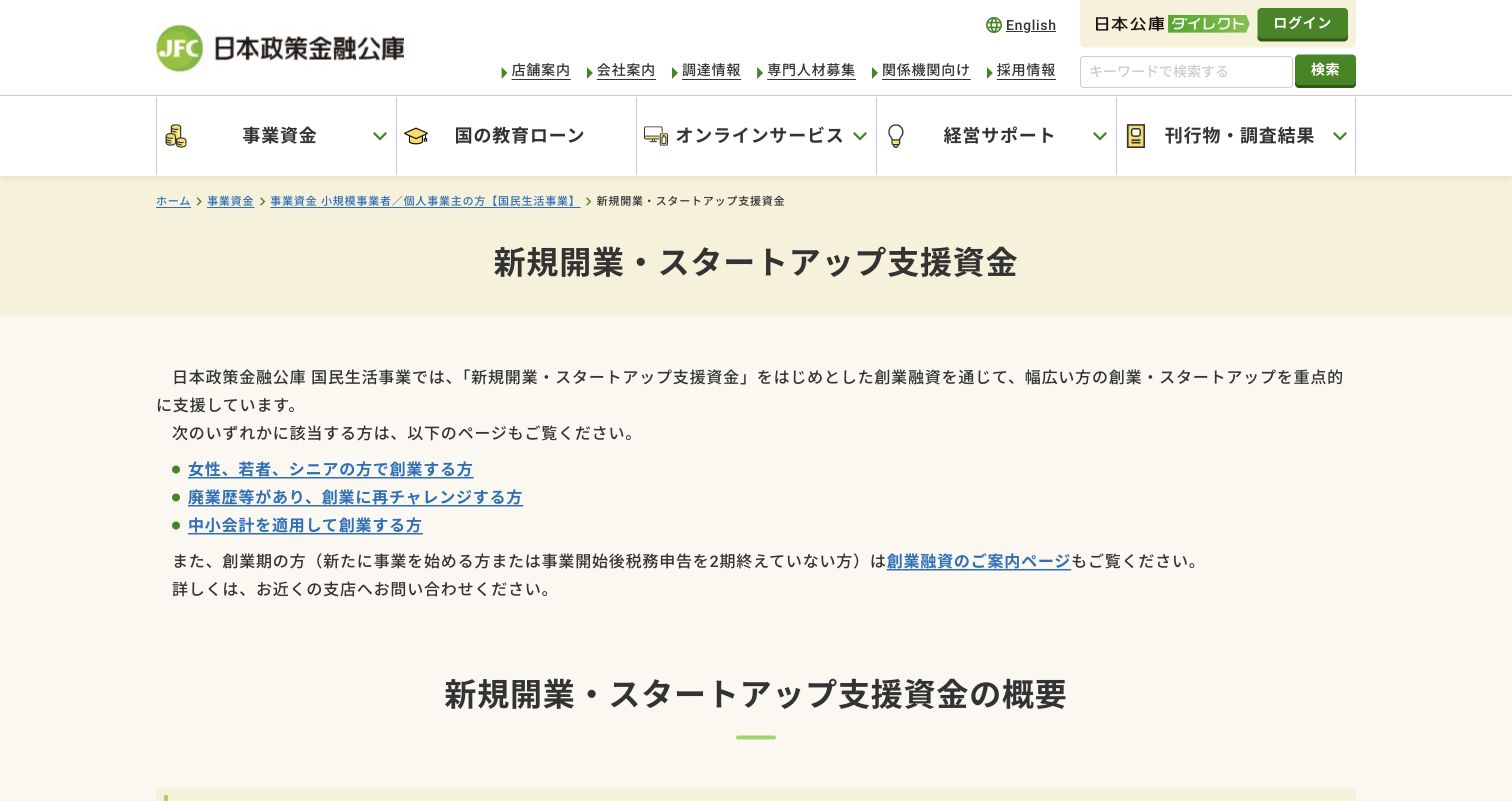 日本政策金融公庫の新規開業・スタートアップ支援資金概要