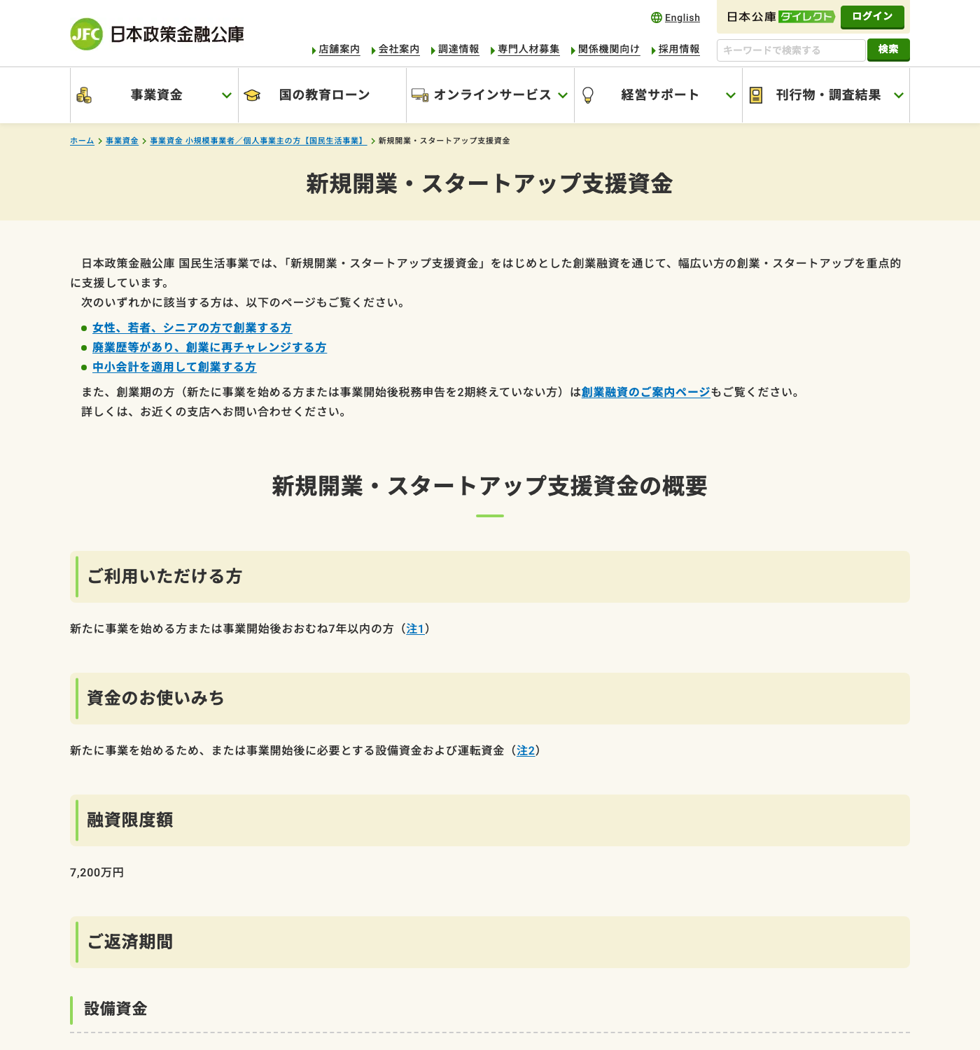 日本政策金融公庫の新規開業・スタートアップ支援資金ページにある対象者と資金使途